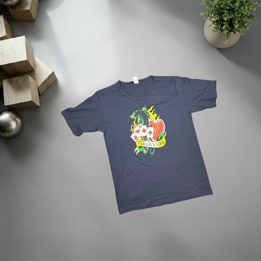 Vintage Anvil Feelin Lucky Panther Tattoo Graphic Tee‎ Navy Blue Small Y2K